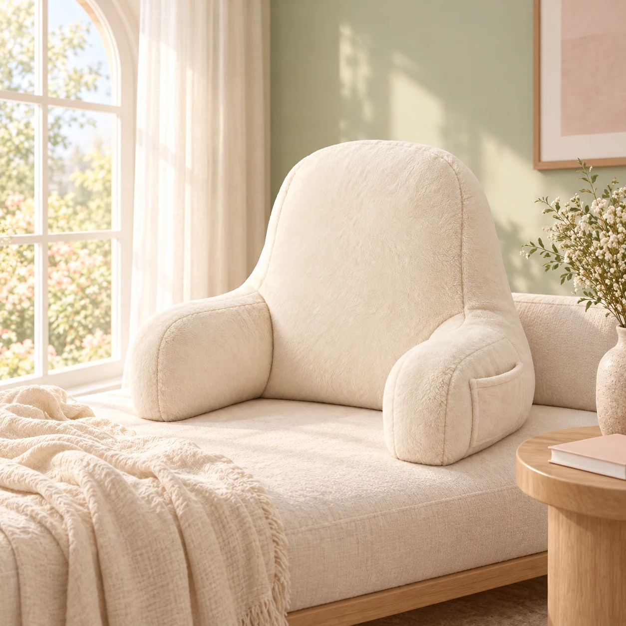 A softly styled reading corner with a Novawavee cream plush backrest