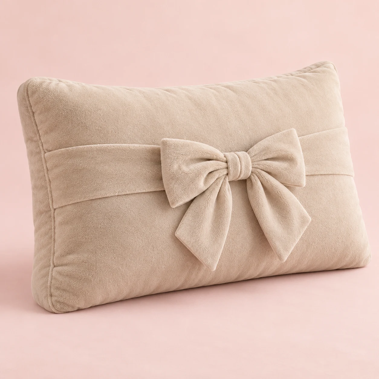 Oat Ribbon, Oat plush rectangular backrest with a single fixed sewn ribbon bow on the front