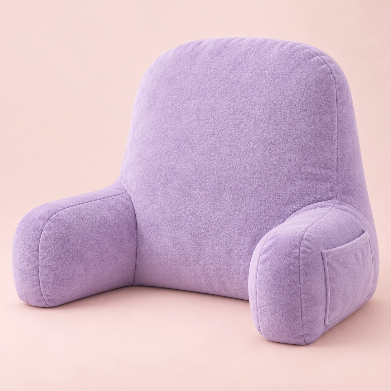 Lilac Reading Nest, Lilac plush reading backrest with a tall rounded back, two short integrated armrests and one small side pocket on right arm